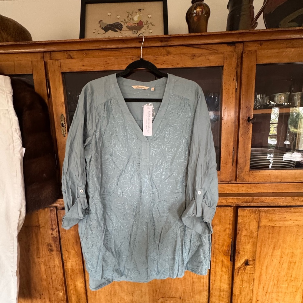 Soft Surroundings Lilith Embroidered V-Neck Tunic Top in Dusty Blue XL NWT